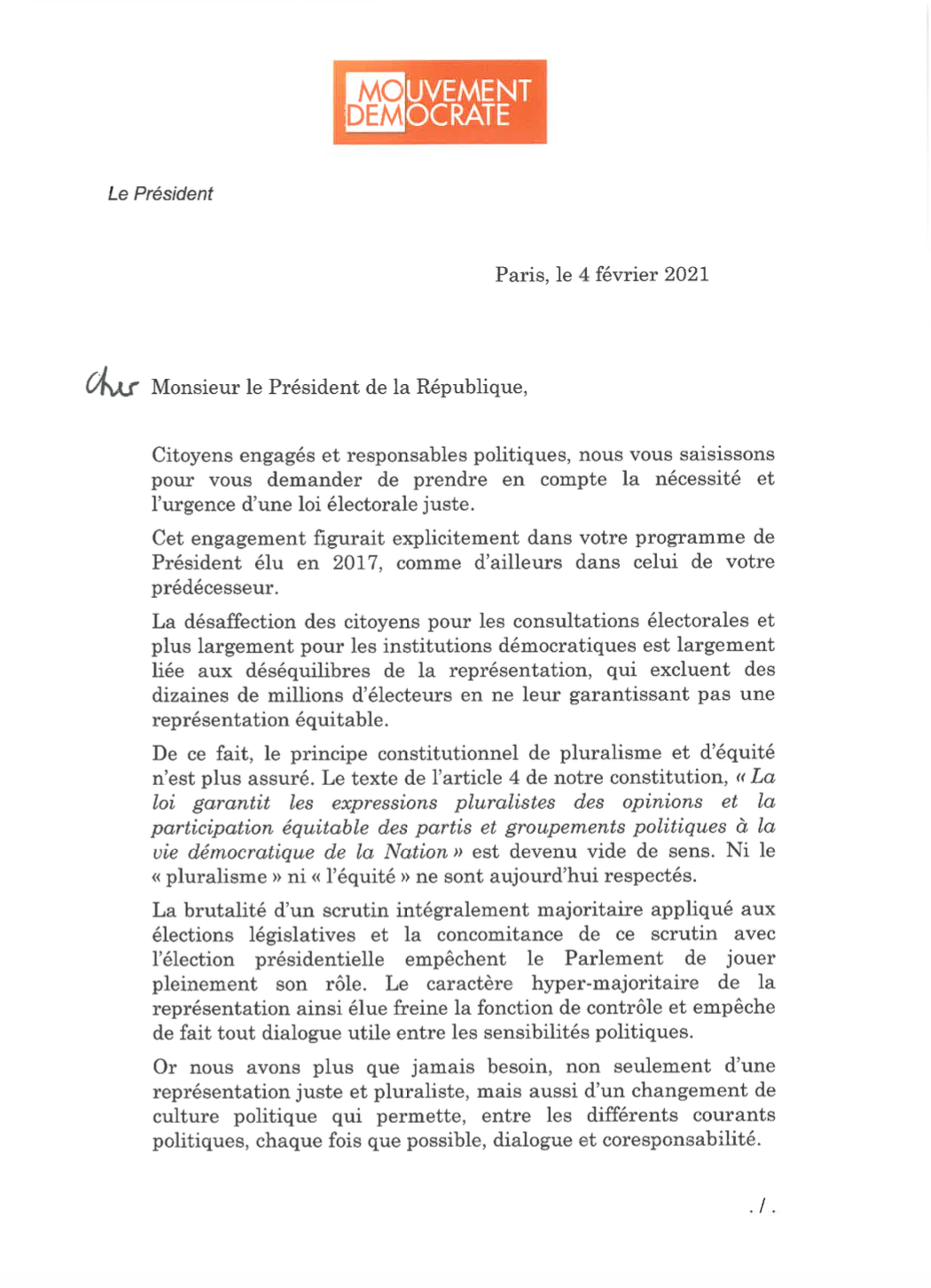 Lettre au Président de la République 1/2